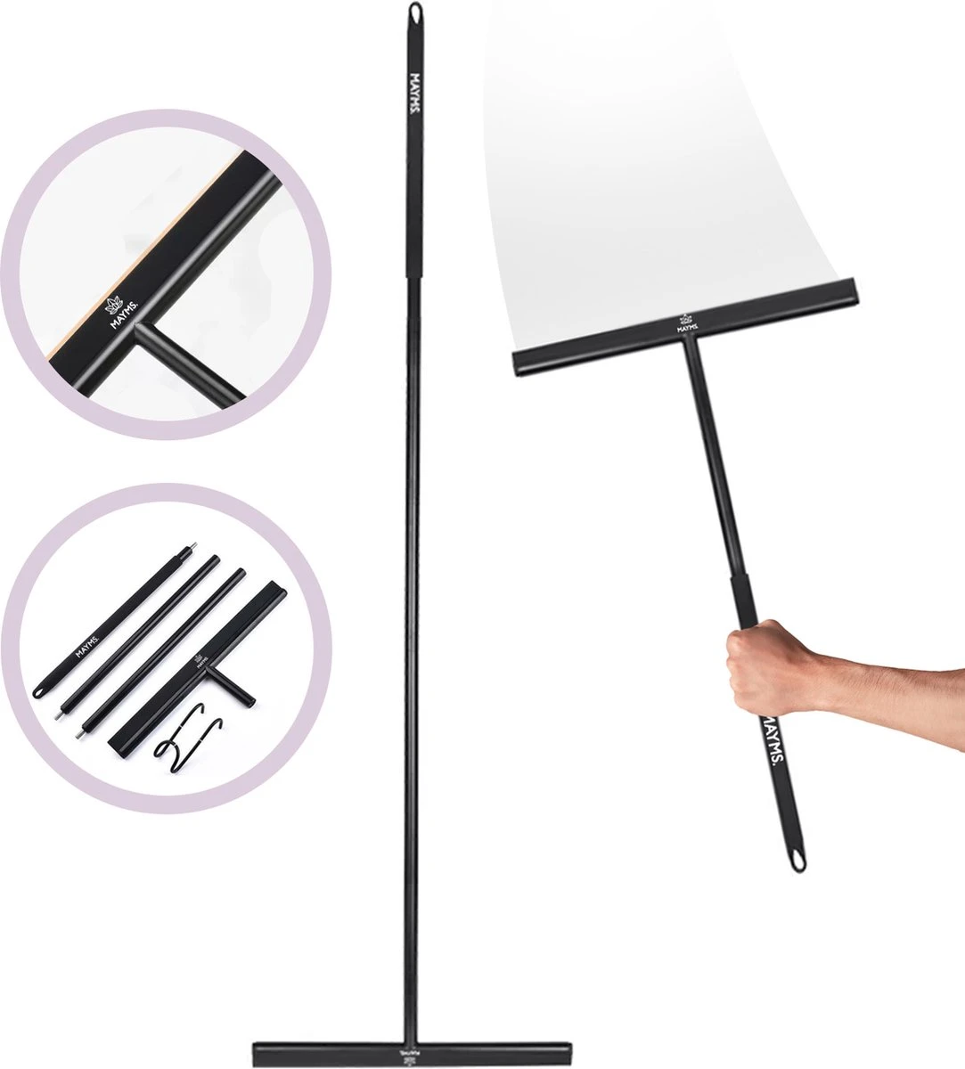 MAYMS® Vloerwisser Badkamer - Vloertrekker - Vloertrekker Met Steel - Floor Wiper - Aftrekker - RVS - Zwart - Design - Wisser - Vloerwisser Douche